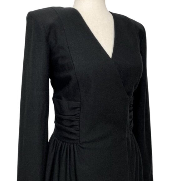 Leslie Lucks Vintage 80s Wool Blend Black Faux Wrap Midi Dress Size 12 - Picture 5 of 9